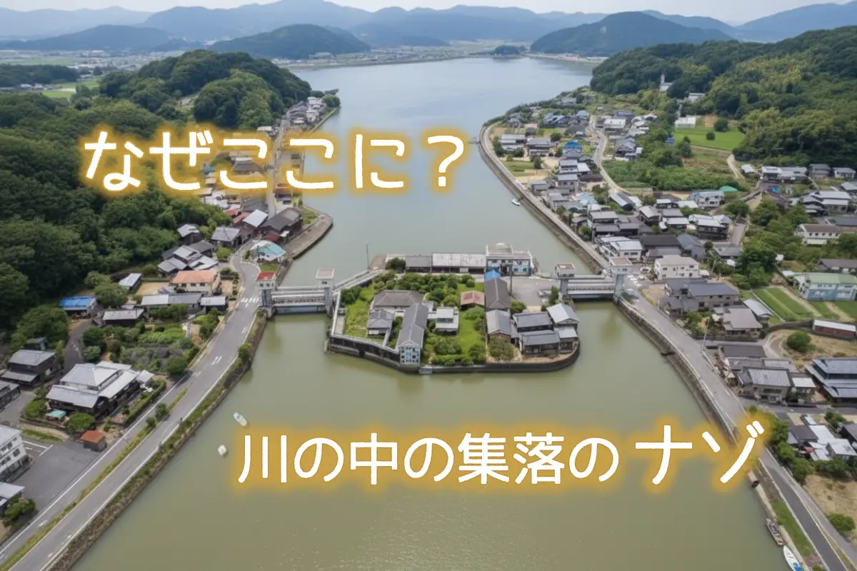 千町川大水門　水門町の川の中にある中洲状の集落